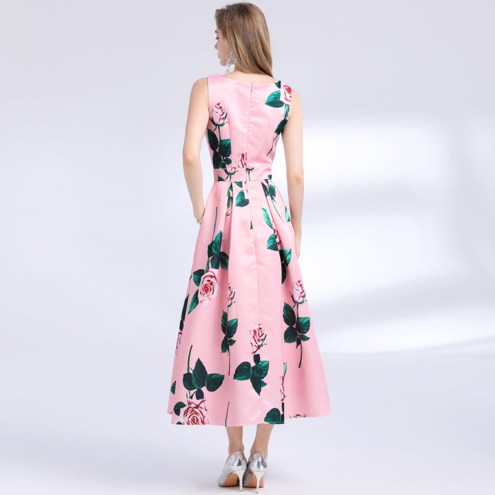 CM-DY048979 Women Elegant European Style Round Neck Sleeveless Pinched Waist High Waist Midi Dress
