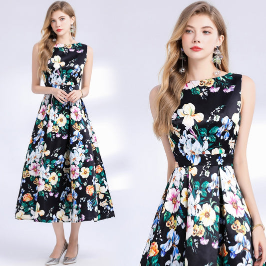 CM-DY048980 Women Elegant European Style Round Neck Sleeveless High Waist Pinched Waist A-Line Dress