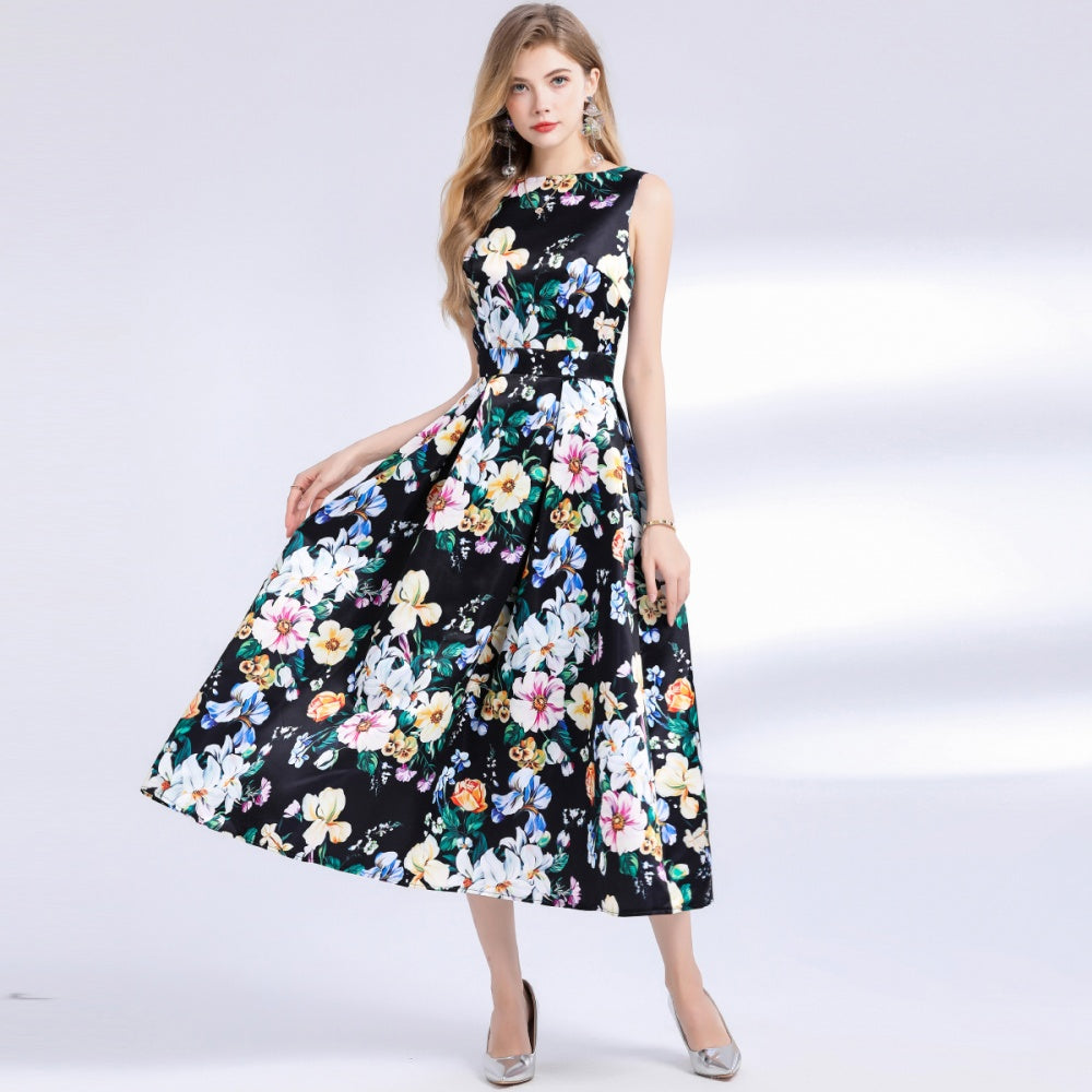 CM-DY048980 Women Elegant European Style Round Neck Sleeveless High Waist Pinched Waist A-Line Dress