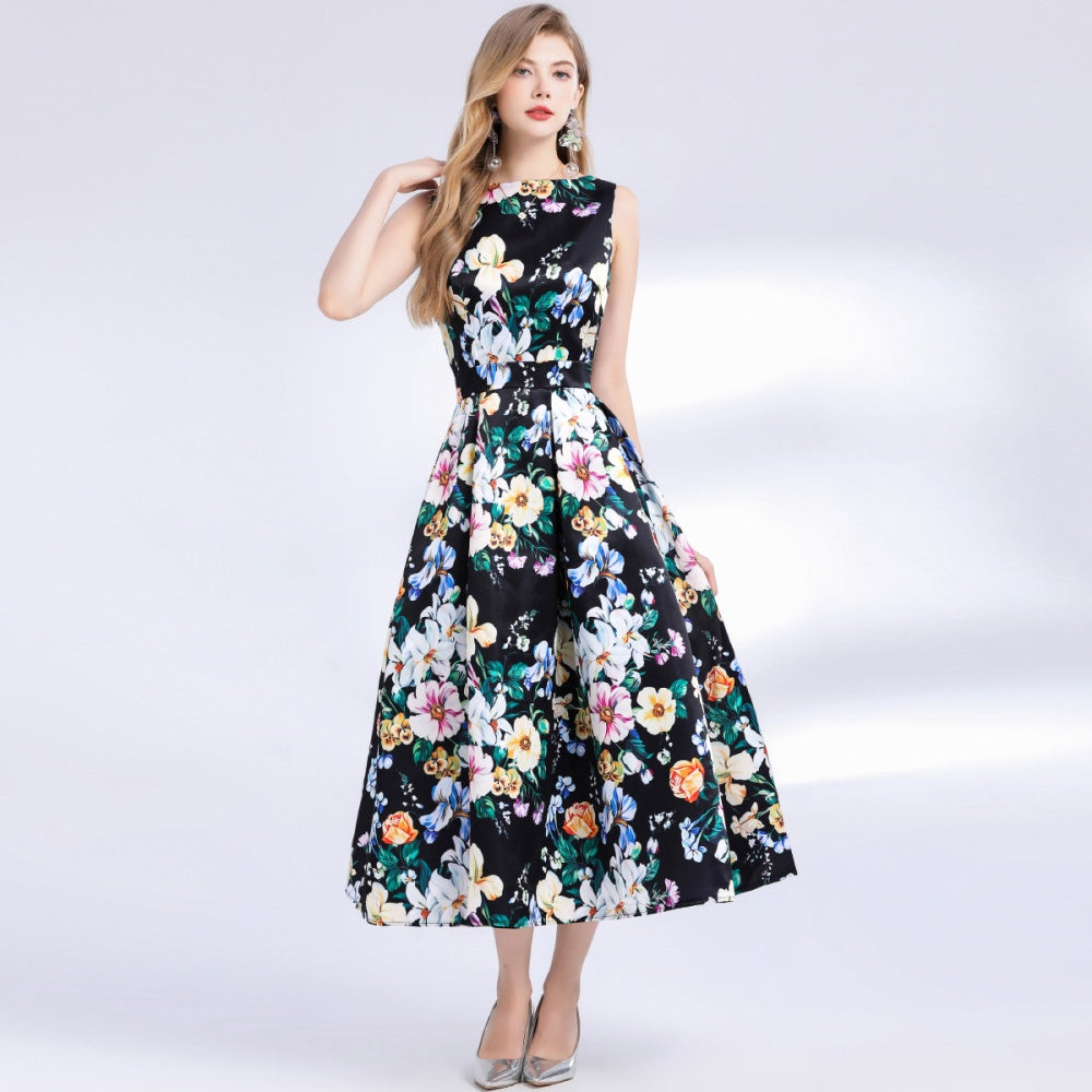 CM-DY048980 Women Elegant European Style Round Neck Sleeveless High Waist Pinched Waist A-Line Dress