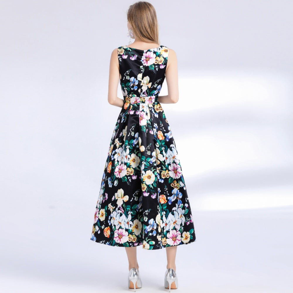 CM-DY048980 Women Elegant European Style Round Neck Sleeveless High Waist Pinched Waist A-Line Dress