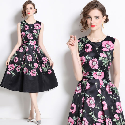 CM-DY048981 Women Elegant European Style Floral Print Round Neck Sleeveless Pinched Waist Midi Dress