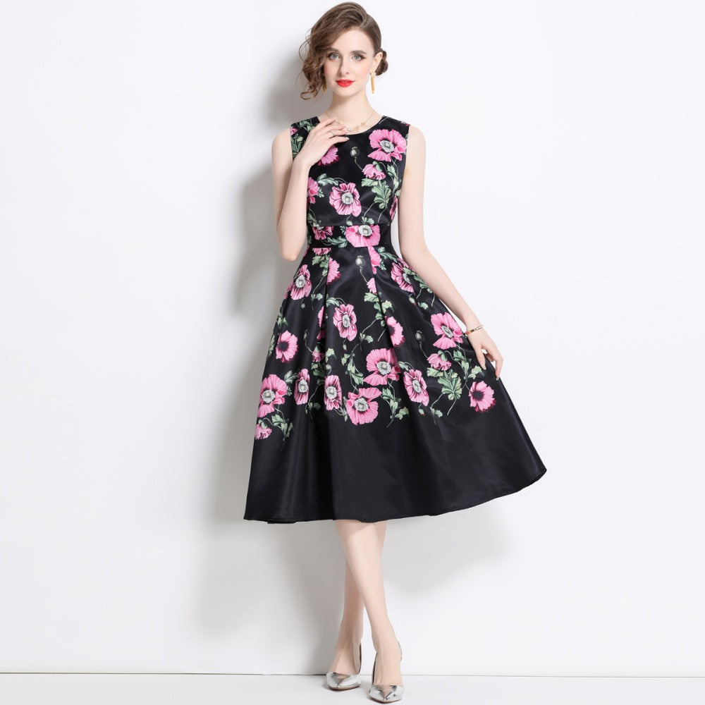 CM-DY048981 Women Elegant European Style Floral Print Round Neck Sleeveless Pinched Waist Midi Dress