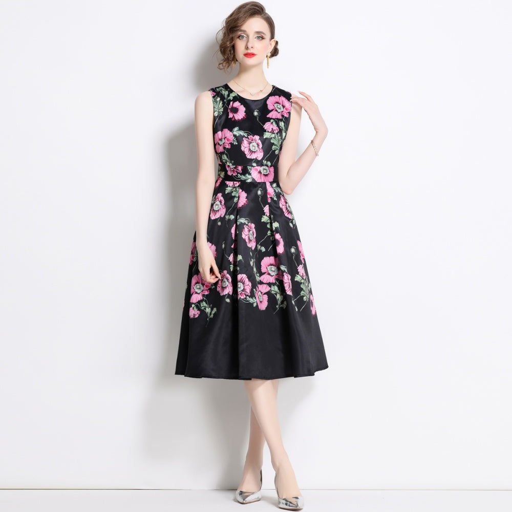 CM-DY048981 Women Elegant European Style Floral Print Round Neck Sleeveless Pinched Waist Midi Dress