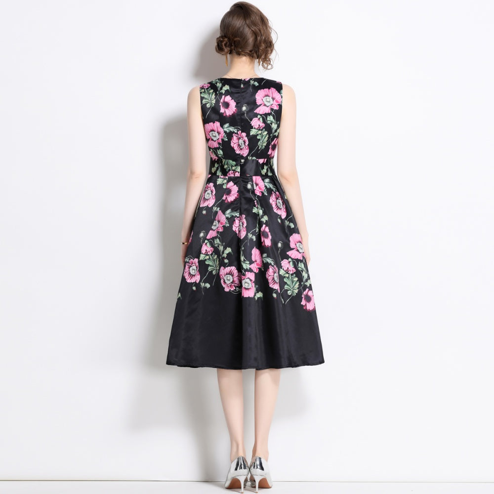 CM-DY048981 Women Elegant European Style Floral Print Round Neck Sleeveless Pinched Waist Midi Dress