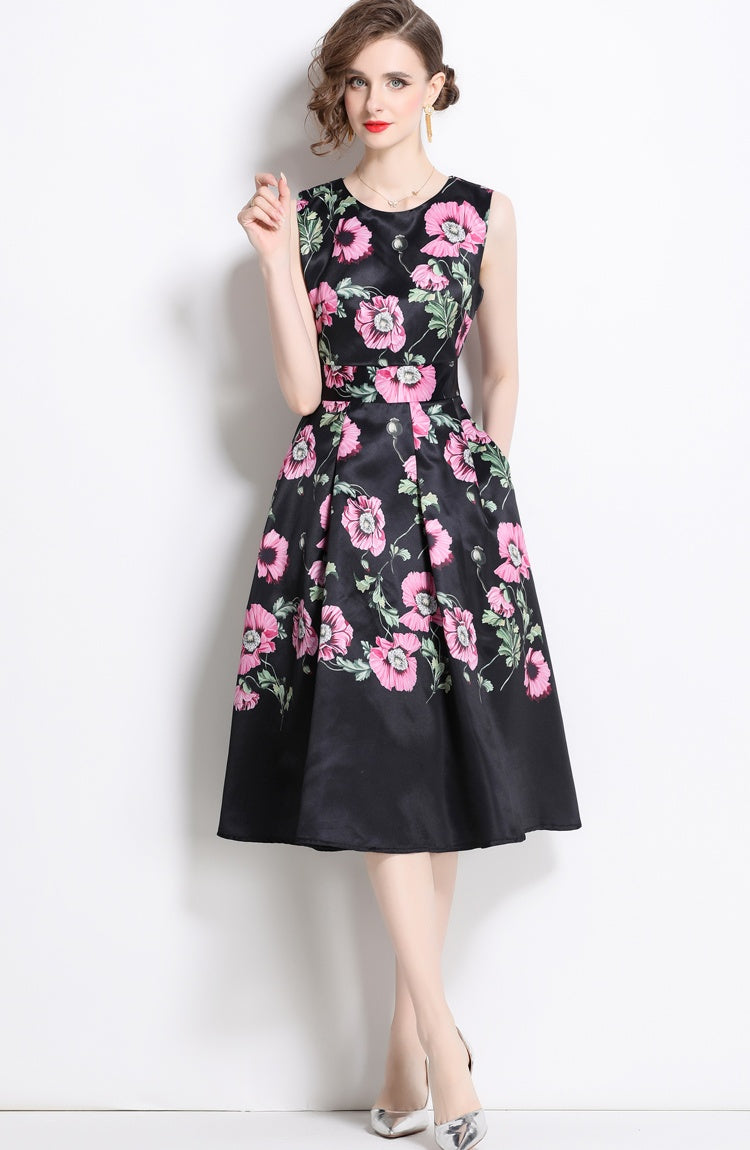 CM-DY048981 Women Elegant European Style Floral Print Round Neck Sleeveless Pinched Waist Midi Dress