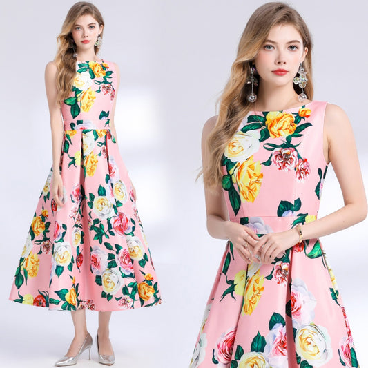 CM-DY048982 Women Elegant European Style Floral Print Round Neck Sleeveless Pinched Waist A-Line Dress
