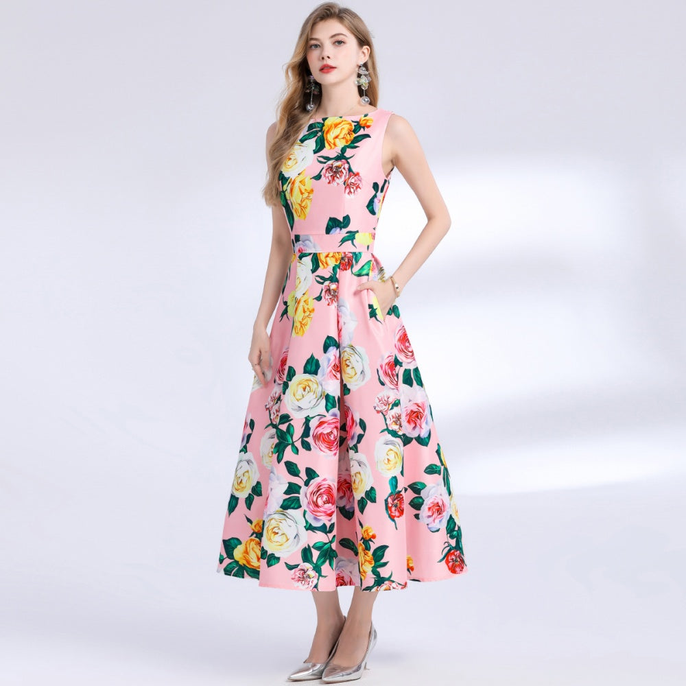 CM-DY048982 Women Elegant European Style Floral Print Round Neck Sleeveless Pinched Waist A-Line Dress