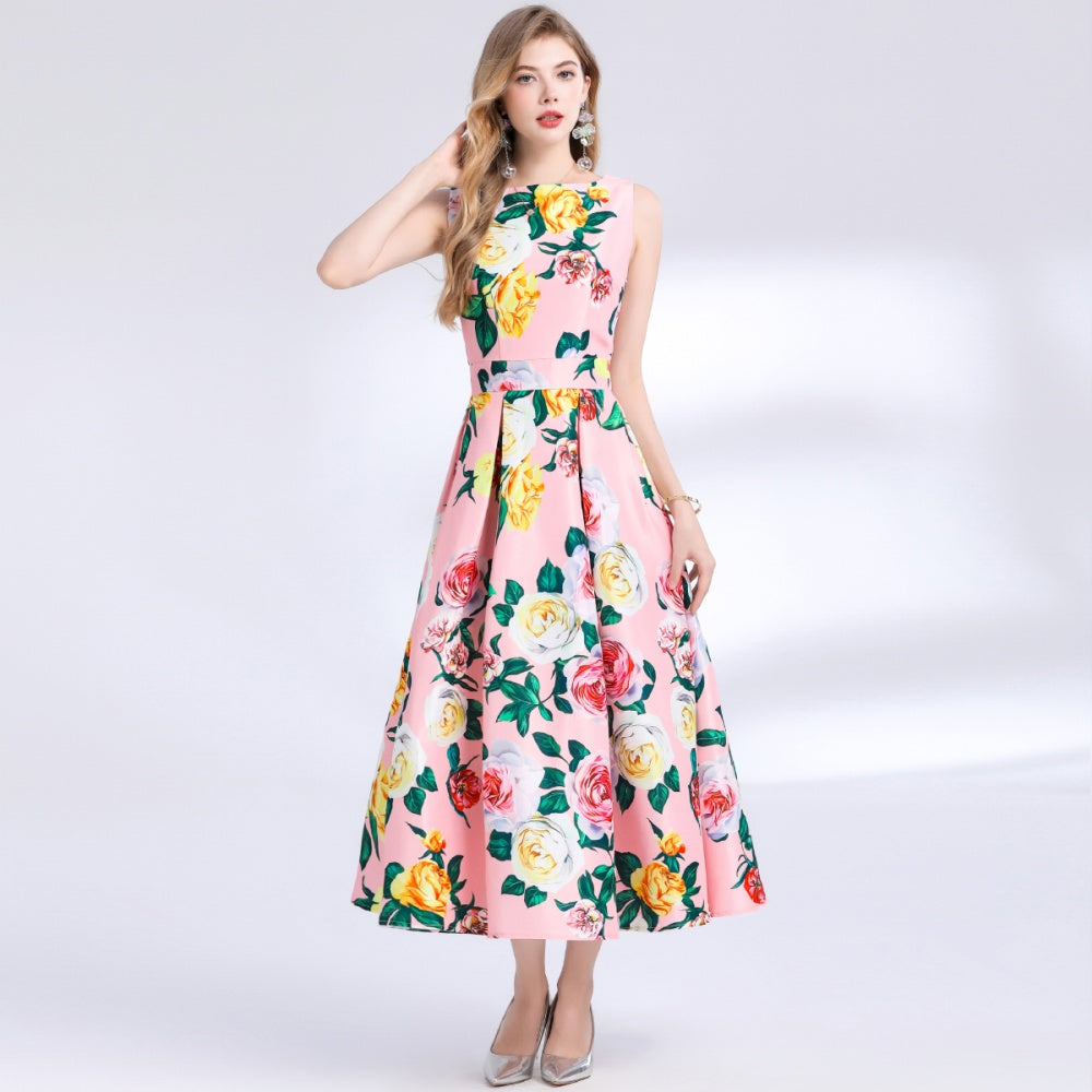 CM-DY048982 Women Elegant European Style Floral Print Round Neck Sleeveless Pinched Waist A-Line Dress