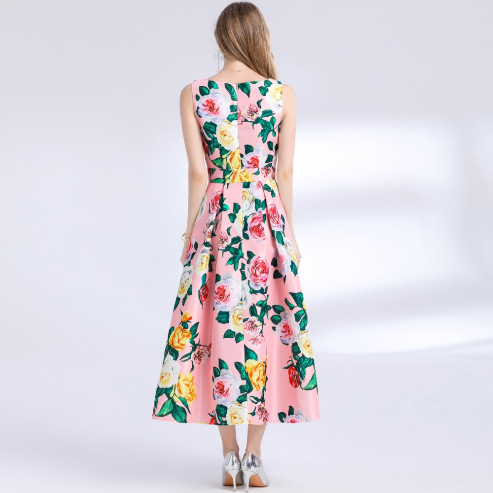 CM-DY048982 Women Elegant European Style Floral Print Round Neck Sleeveless Pinched Waist A-Line Dress