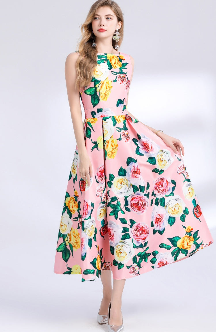 CM-DY048982 Women Elegant European Style Floral Print Round Neck Sleeveless Pinched Waist A-Line Dress