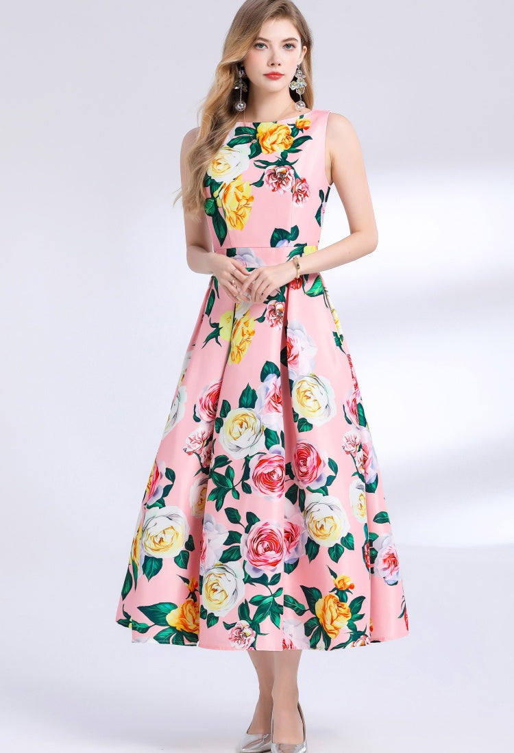 CM-DY048982 Women Elegant European Style Floral Print Round Neck Sleeveless Pinched Waist A-Line Dress
