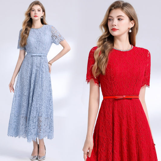 CM-DY048987 Women Elegant European Style Rhinestone Decor Round Neck Short Sleeve A-Line Dress (Available in 2 colors)