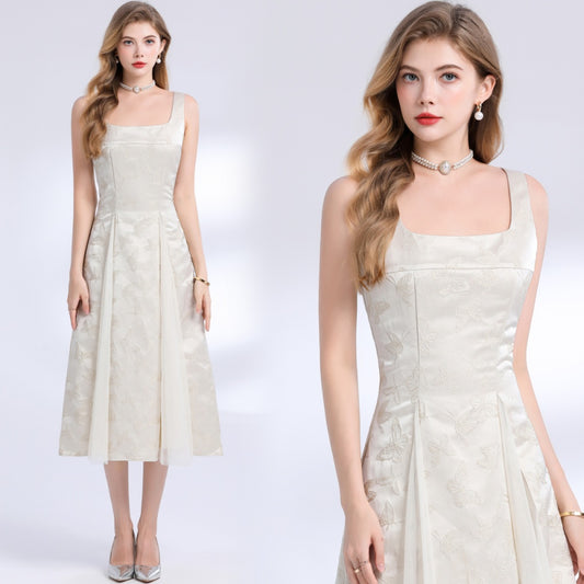CM-DY048990 Women Elegant European Style Square Neck Sleeveless High Waist Mid-Length Dress - Apricot