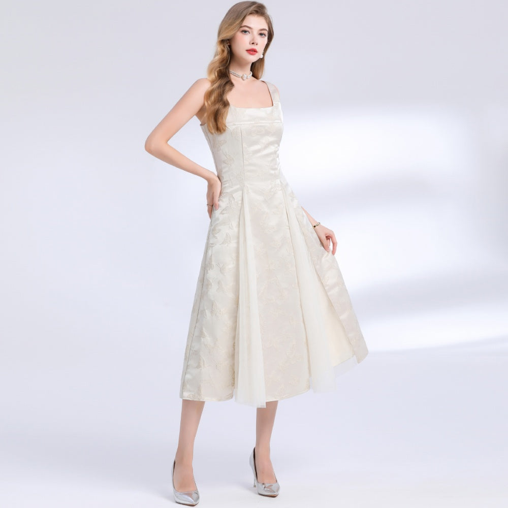 CM-DY048990 Women Elegant European Style Square Neck Sleeveless High Waist Mid-Length Dress - Apricot