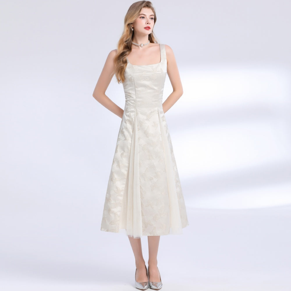 CM-DY048990 Women Elegant European Style Square Neck Sleeveless High Waist Mid-Length Dress - Apricot