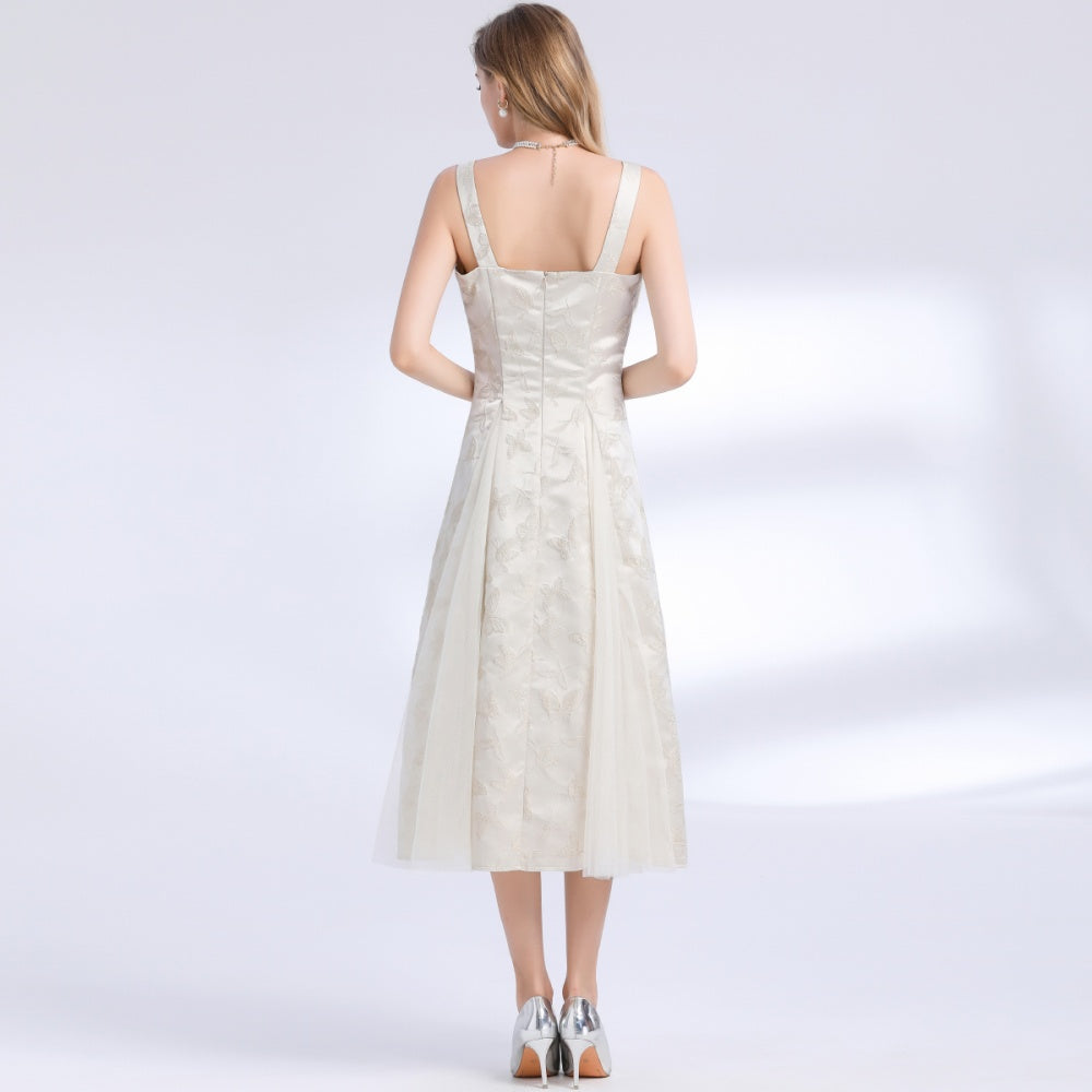 CM-DY048990 Women Elegant European Style Square Neck Sleeveless High Waist Mid-Length Dress - Apricot