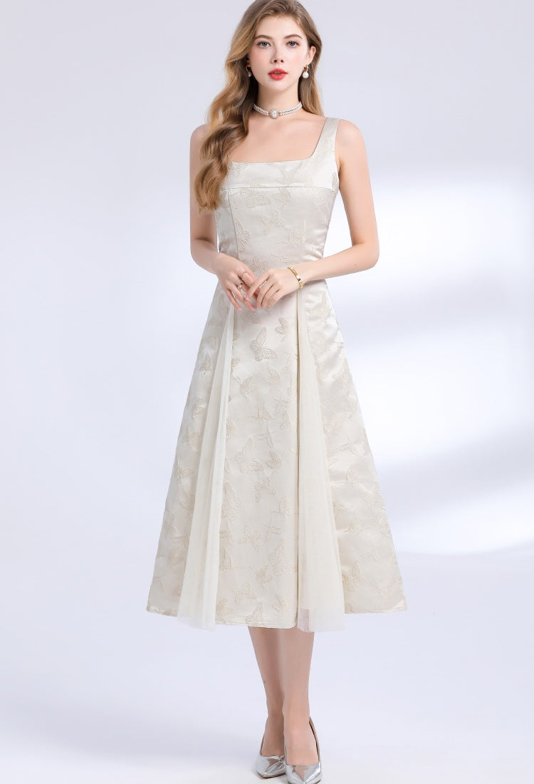 CM-DY048990 Women Elegant European Style Square Neck Sleeveless High Waist Mid-Length Dress - Apricot