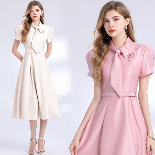 CM-DY048991 Women Elegant European Style Round Neck Short Sleeve Belted Pinched Waist Dress (Available in 2 colors)