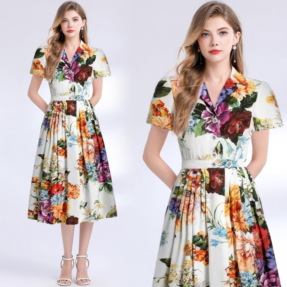 CM-DY048992 Women Elegant European Style Floral Print Collar Neckline Short Sleeve A-Line Dress