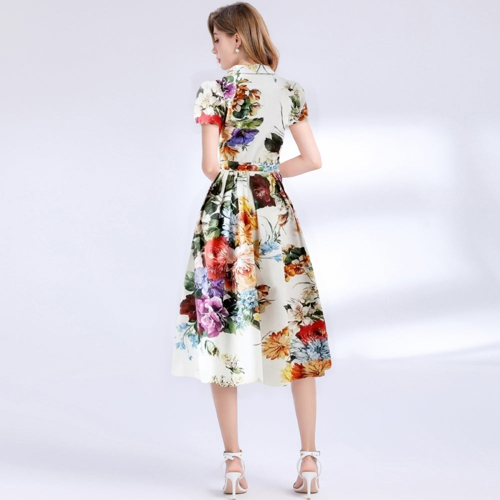 CM-DY048992 Women Elegant European Style Floral Print Collar Neckline Short Sleeve A-Line Dress