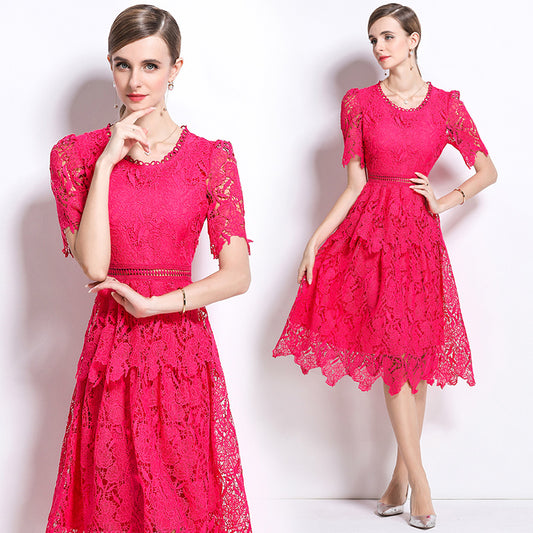 CM-DY049024 Women Elegant European Style Hollow Lace Round Neck Short Sleeve Midi Dress - Rose Red