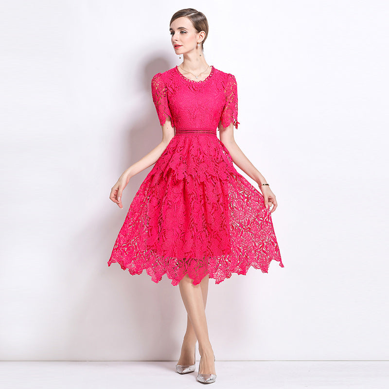 CM-DY049024 Women Elegant European Style Hollow Lace Round Neck Short Sleeve Midi Dress - Rose Red