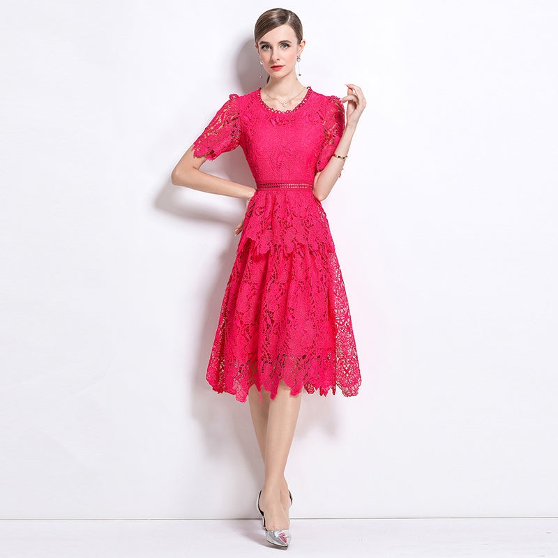 CM-DY049024 Women Elegant European Style Hollow Lace Round Neck Short Sleeve Midi Dress - Rose Red