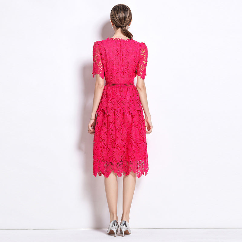 CM-DY049024 Women Elegant European Style Hollow Lace Round Neck Short Sleeve Midi Dress - Rose Red
