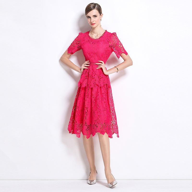 CM-DY049024 Women Elegant European Style Hollow Lace Round Neck Short Sleeve Midi Dress - Rose Red