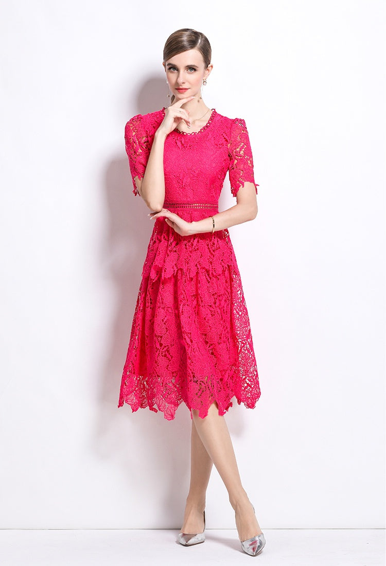 CM-DY049024 Women Elegant European Style Hollow Lace Round Neck Short Sleeve Midi Dress - Rose Red
