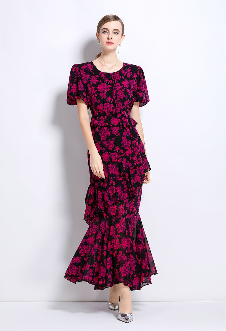 CM-DY049228 Women Elegant European Style Round Neck Puff Sleeve Pinched Waist Cupcake Dress - Rose Red