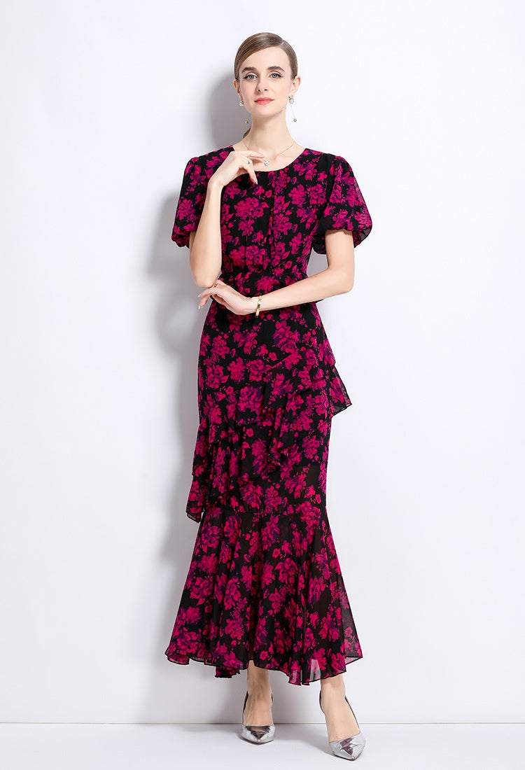 CM-DY049228 Women Elegant European Style Round Neck Puff Sleeve Pinched Waist Cupcake Dress - Rose Red