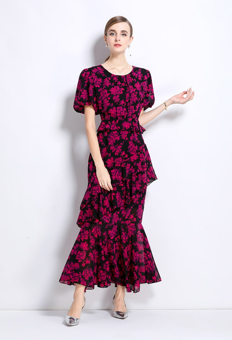 CM-DY049228 Women Elegant European Style Round Neck Puff Sleeve Pinched Waist Cupcake Dress - Rose Red