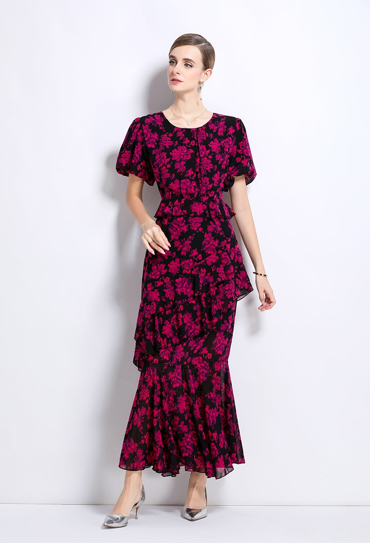 CM-DY049228 Women Elegant European Style Round Neck Puff Sleeve Pinched Waist Cupcake Dress - Rose Red