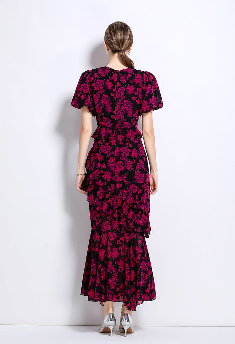 CM-DY049228 Women Elegant European Style Round Neck Puff Sleeve Pinched Waist Cupcake Dress - Rose Red