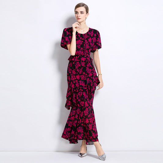 CM-DY049228 Women Elegant European Style Round Neck Puff Sleeve Pinched Waist Cupcake Dress - Rose Red
