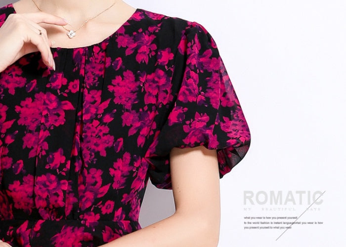 CM-DY049228 Women Elegant European Style Round Neck Puff Sleeve Pinched Waist Cupcake Dress - Rose Red
