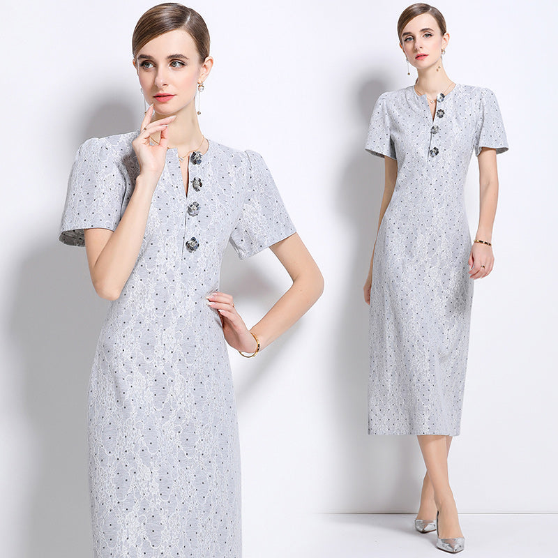 CM-DY049232 Women Elegant European Style V-Neck Short Sleeve Medium Waist Mid-Length Dress