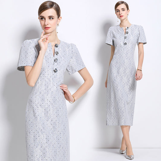 CM-DY049232 Women Elegant European Style V-Neck Short Sleeve Medium Waist Mid-Length Dress