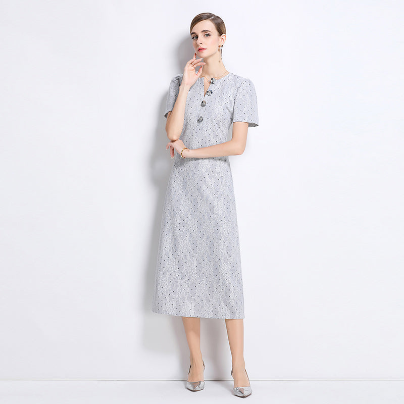 CM-DY049232 Women Elegant European Style V-Neck Short Sleeve Medium Waist Mid-Length Dress