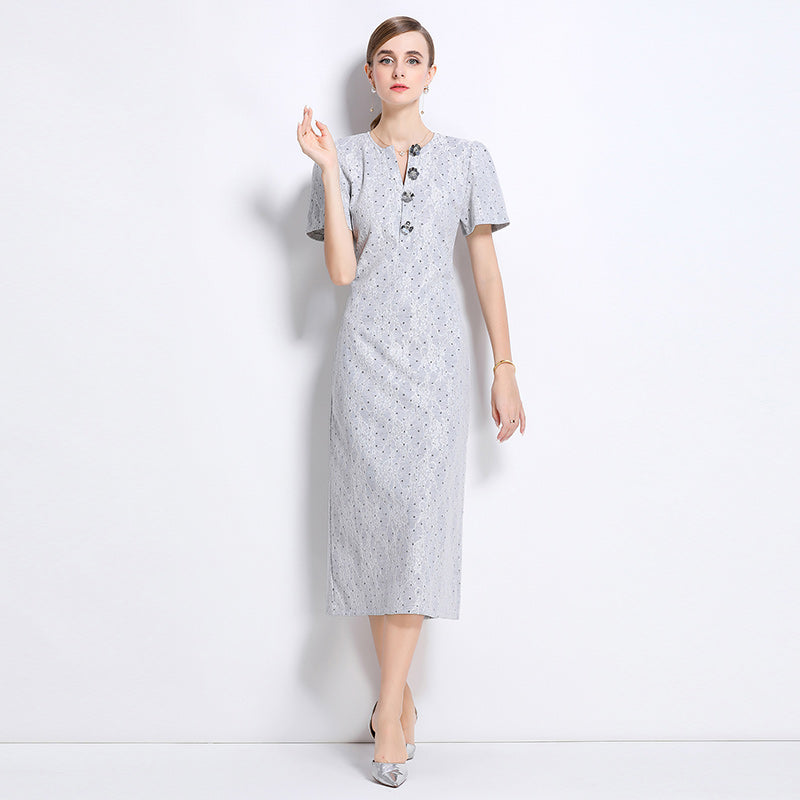 CM-DY049232 Women Elegant European Style V-Neck Short Sleeve Medium Waist Mid-Length Dress