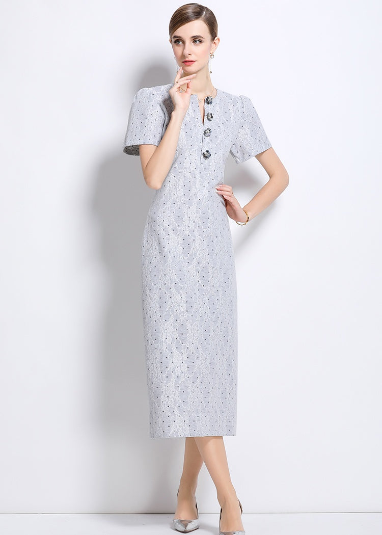 CM-DY049232 Women Elegant European Style V-Neck Short Sleeve Medium Waist Mid-Length Dress