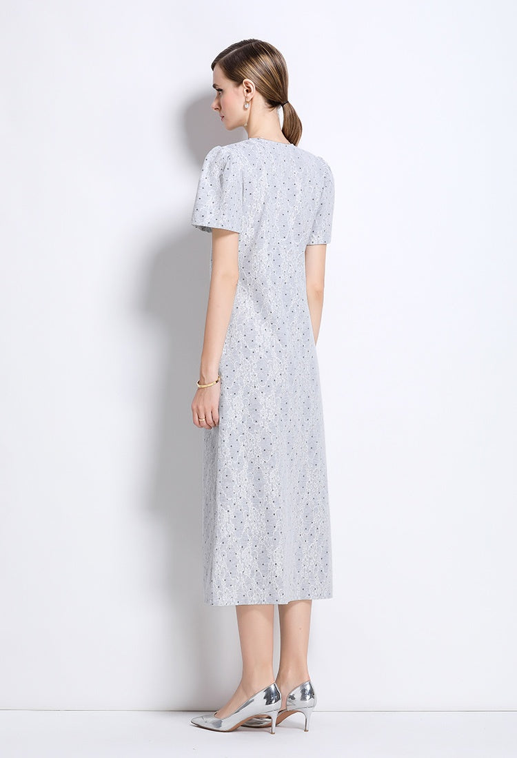 CM-DY049232 Women Elegant European Style V-Neck Short Sleeve Medium Waist Mid-Length Dress