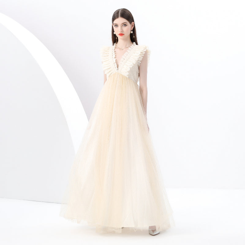 CM-DY049275 Women Elegant European Style Deep V-Neck Sleeveless Lace Gauze Long Dress - Apricot