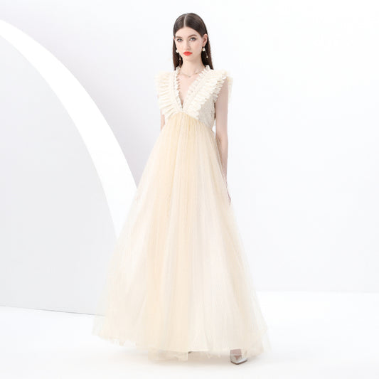 CM-DY049275 Women Elegant European Style Deep V-Neck Sleeveless Lace Gauze Long Dress - Apricot