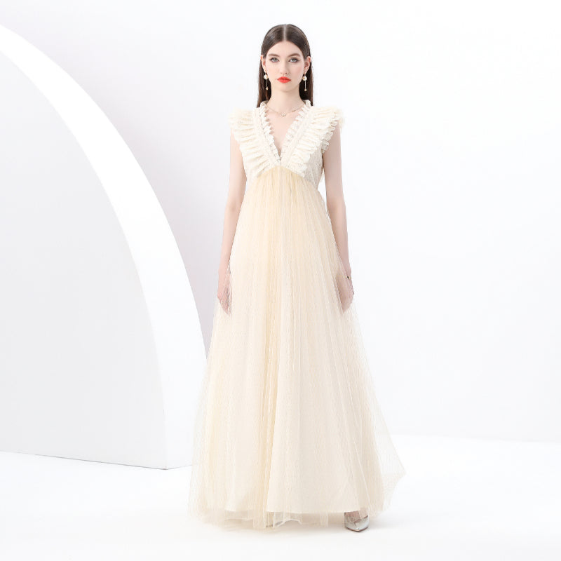 CM-DY049275 Women Elegant European Style Deep V-Neck Sleeveless Lace Gauze Long Dress - Apricot