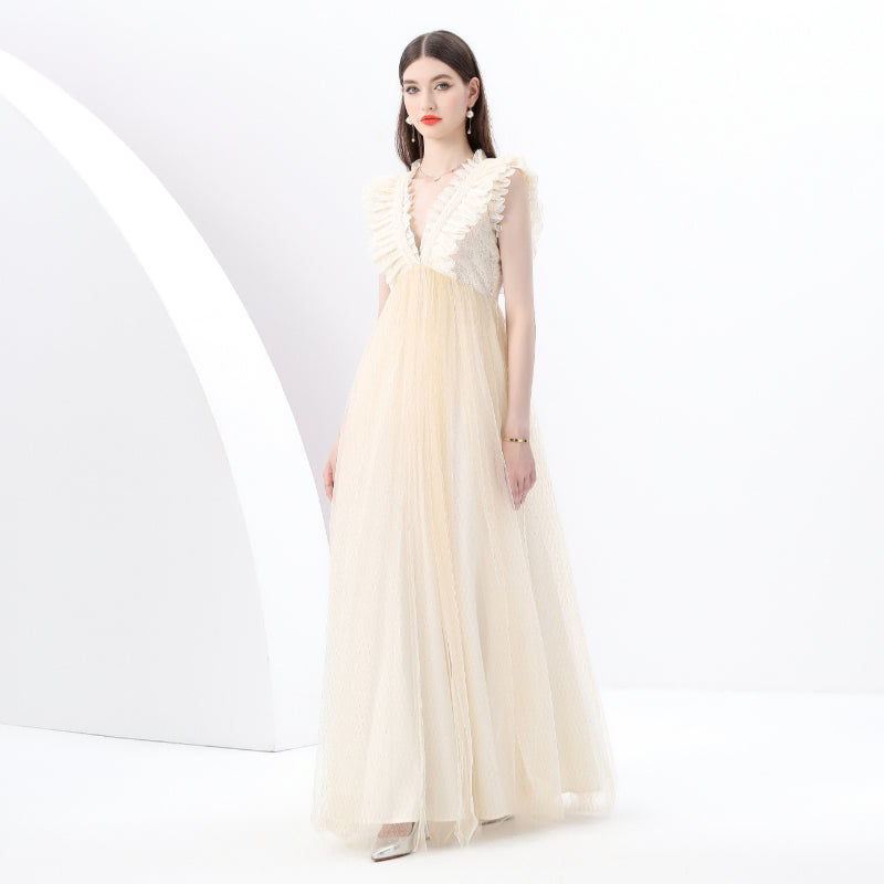 CM-DY049275 Women Elegant European Style Deep V-Neck Sleeveless Lace Gauze Long Dress - Apricot