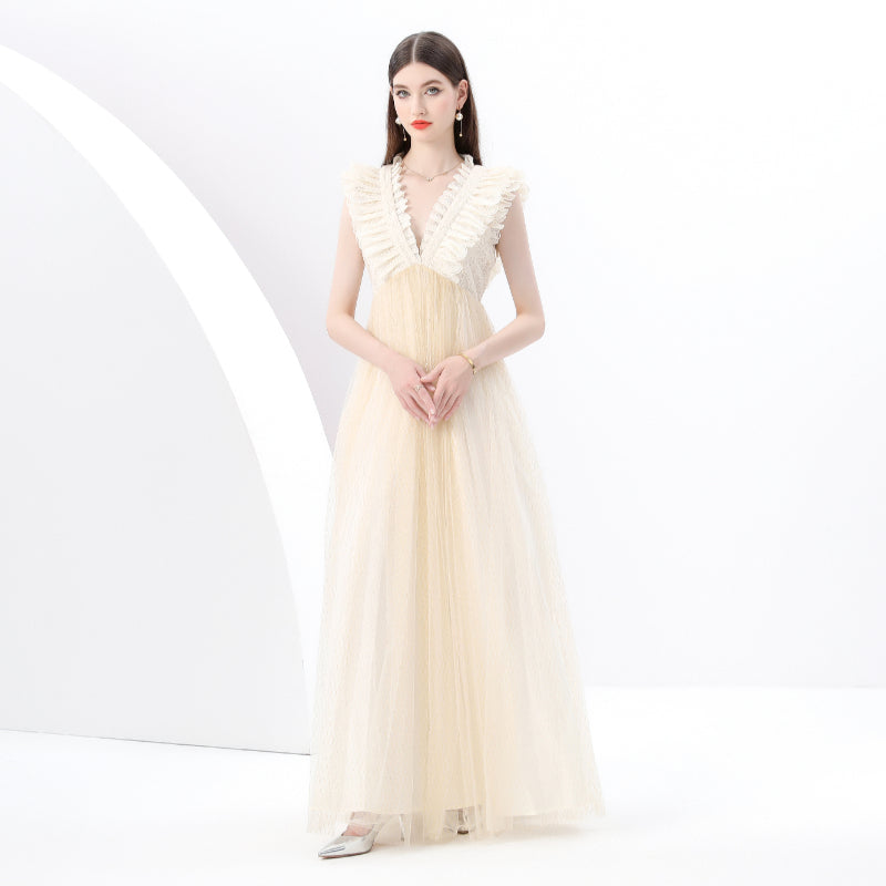 CM-DY049275 Women Elegant European Style Deep V-Neck Sleeveless Lace Gauze Long Dress - Apricot