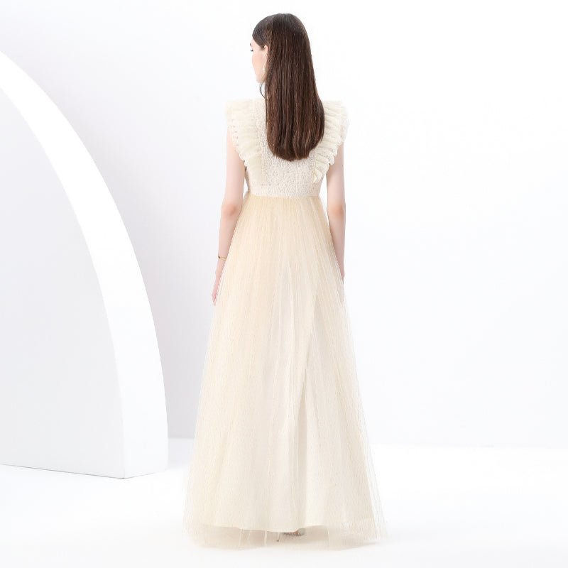 CM-DY049275 Women Elegant European Style Deep V-Neck Sleeveless Lace Gauze Long Dress - Apricot